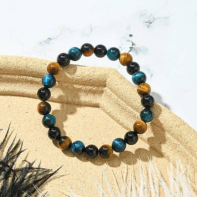 Dyed Natural Tiger Eye & Black Onyx Round Beaded Stretch Bracelets for Women BJEW-TA00438-1