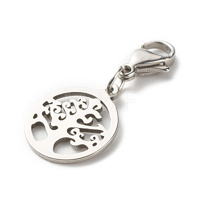 Round Ring with Tree 304 Stainless Steel Filigree Pendant Decorations HJEW-JM00573-01-1