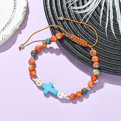 Adjustable Synthetic Turquoise & Ocean White Jade Braided Bead Bracelets BJEW-JB13733-1