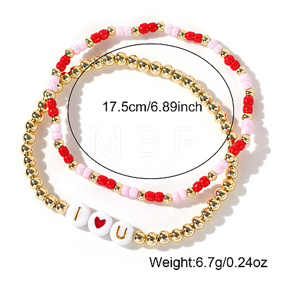 2Pcs 2 Styles I Love You Brass & Acrylic & Seed Beads Stretch Bracelets XD6242-1