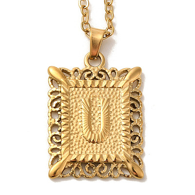 201 Stainless Steel Cable Chain Rectangle with Letter Pendant Necklaces NJEW-M070-01G-U-1