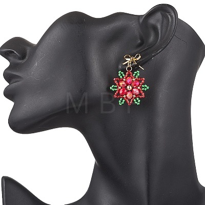 Brass Seed Beads Christmas Flower Snowflake Dangle Stud Earrings EJEW-MZ00492-1