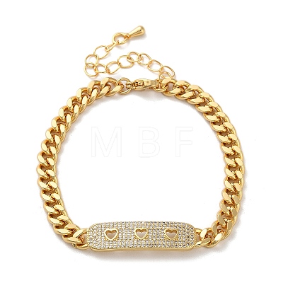 Brass Micro Pave Clear Cubic Zirconia Curved Rectangle with Hollow Heart Cuban Link Chains Bracelets for Women BJEW-M322-03G-A-1