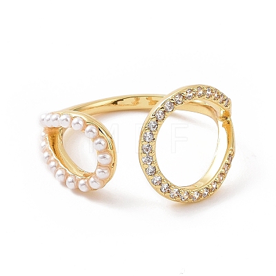 Clear Cubic Zirconia Hollow Out Teardrop Open Cuff Ring with ABS Plastic Imitation Pearl Beaded RJEW-G283-03G-1