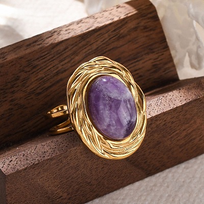 Oval Natural Amethyst Finger Rings RJEW-M063-01G-16-1