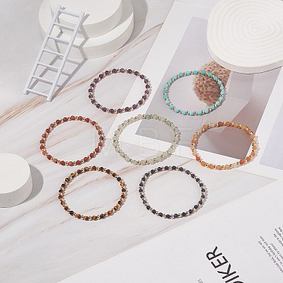 7Pcs 7 Style Natural & Synthetic Mixed Stone Stretch Bracelets Set with Brass Beaded BJEW-JB08772-1