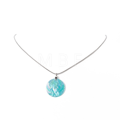 Natural Shell Flat Round Pendant Necklace with Round Snake Chains NJEW-JN04219-1