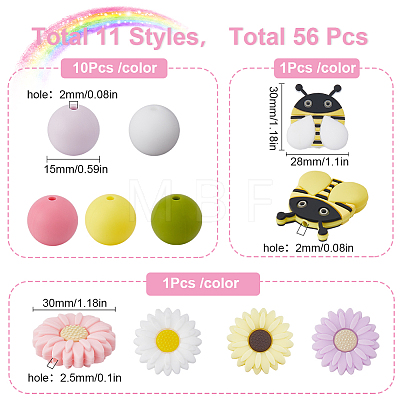 SUNNYCLUE 56Pcs 11 Style Food Grade Eco-Friendly Silicone Beads SIL-SC0001-56-1