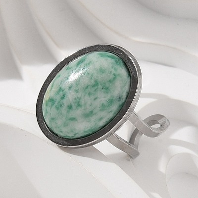 Oval Natural Green Spot Jasper Finger Rings RJEW-M062-02P-13-1