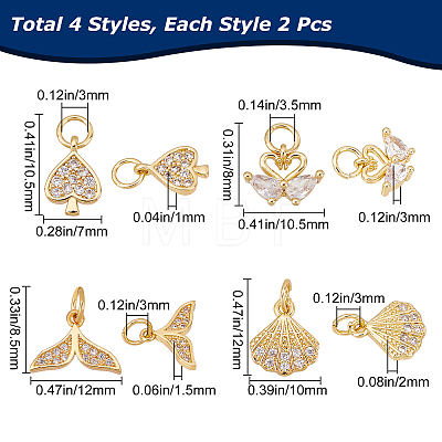 8Pcs 4 Style Brass Micro Pave Clear Cubic Zirconia Charms KK-BBC0001-82-1
