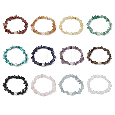 12Pcs Natural & Synthetic Gemstone Chips Stretch Bracelets for Women BJEW-JB11343-1