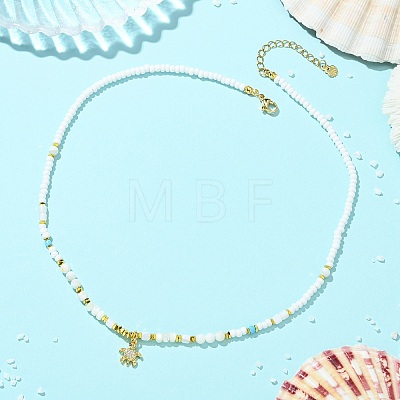 Ocean Brass Pave Clear Cubic Zirconia Sea Animals Pendant Natural Shell and Glass Seed Beaded Necklaces for Women NJEW-JN06345-02-1