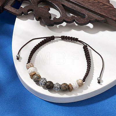 Round Lava Rock & Wood Braided Beads Bracelets BJEW-JB10991-1