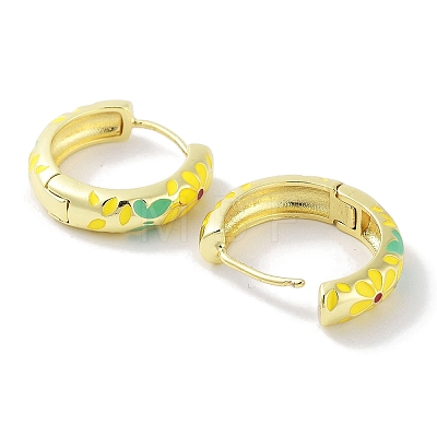 Real 18K Gold Plated Brass Enamel Flower Print Hoop Earrings for Women EJEW-L269-115G-1