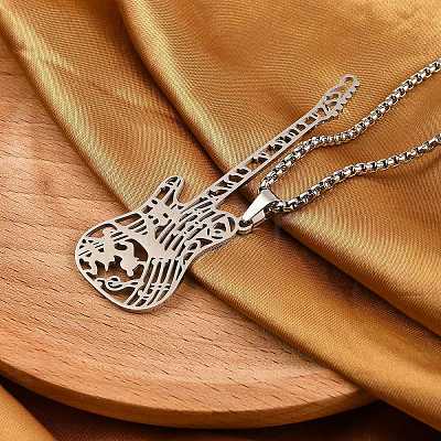 304 Stainless Steel Hollow Guitar Pendant Box Chain Necklaces NJEW-M086-03P-1