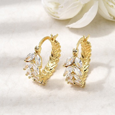 Leaf Brass Micro Pave Cubic Zirconia Hoop Earrings EJEW-P333-03G-1