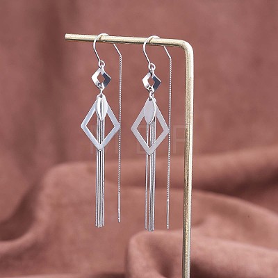 Anti-Tarnish Rhodium Plated 925 Sterling Silver Rhombus with Chain Tassel Dangle Earrings JE1048A-1