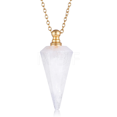 Natural Quartz Crystal Faceted Cone Pendant Perfume Bottle Necklaces with 304 Stainless Steel Cable Chain NJEW-WH0002-266F-1