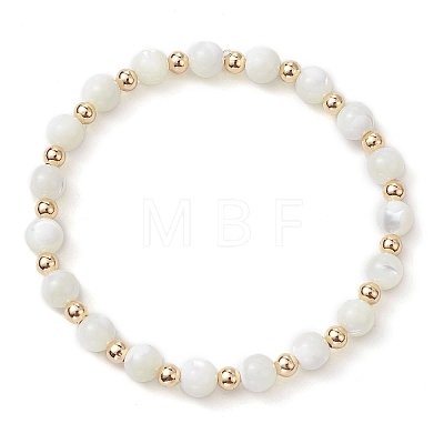 Round Natural Sea Shell Beaded Stretch Bracelets with Brass Beads for Women Men BJEW-JB10278-1