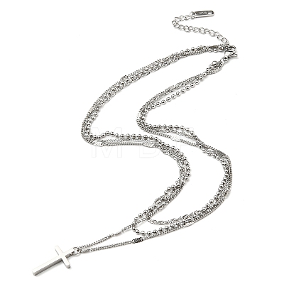 304 Stainless Steel Rope & Ball & Curb Chains Triple Layer Necklaces BJEW-K257-02P-1