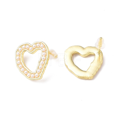 Plastic Imitation Pearl Beaded Hollow Out Heart Stud Earrings EJEW-F306-02G-1