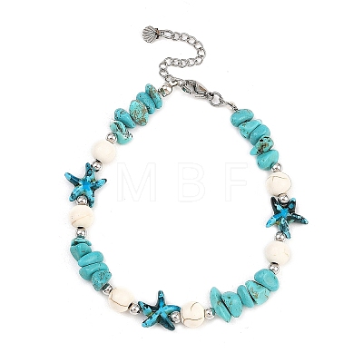 Dyed Synthetic Turquoise Starfish & Chip Beaded Anklets with 304 Stainless Steel End Chains AJEW-AN00733-02-1