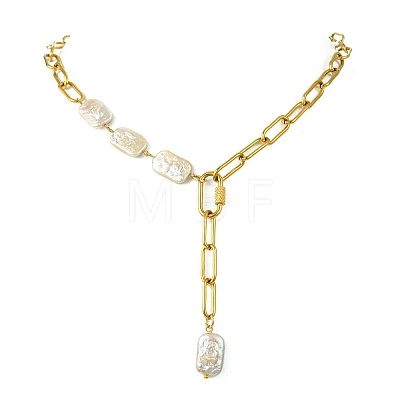 Adjustable 304 Stainless Steel Paperclip Chain Natural Baroque Keshi Pearl Rectangle Y Necklaces NJEW-JN06020-1