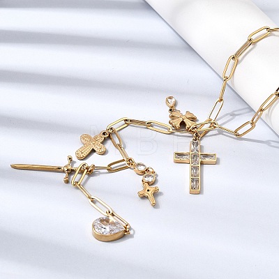 304 Stainless Steel Pave Clear Cubic Zirconia Religion Cross Teardrop Pendant Y Long Tassl Lariat Necklaces for Women NJEW-G199-04G-1