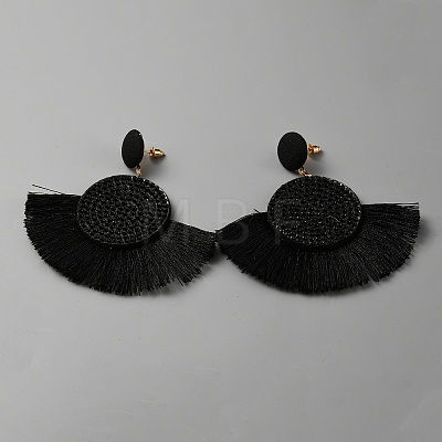Cotton Fan Tassel Dangle Earrings with Rhinestone EJEW-WH0012-046-1