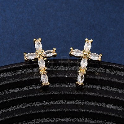 Brass Micro Pave Clear Cubic Zirconia Cross Stud Earrings EJEW-K267-41G-1