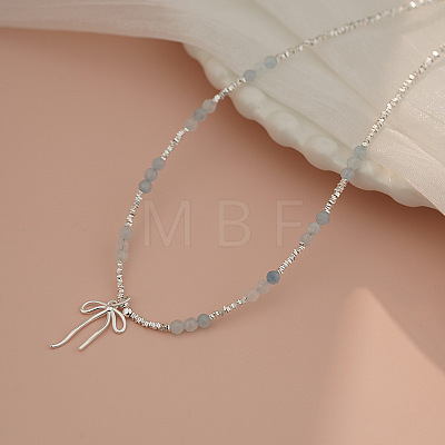 925 Sterling Silver Chip and Natural Aquamarine Round Beaded Bowknot Pendant Necklaces for Women FS-WGA1961-01-1