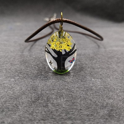 Alloy Wire Wrapped Oval Glass Inner Dried Flower Tree Pendant Waxed Cord Necklaces for Women FS-WG6B63C-16-1