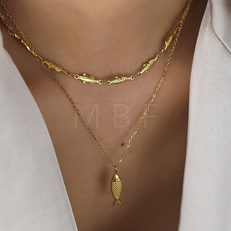 Summer Beach 304 Stainless Steel Fish Pendant Double Layer Necklaces for Women WG2FA6C-01-1