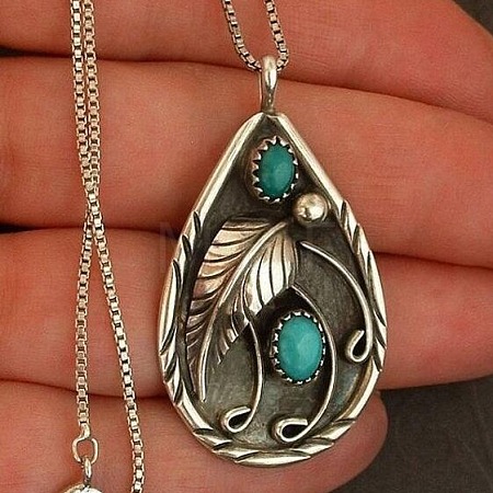 Alloy Resin Imitation Turquoise Teardrop with Feather Pendant Necklaces WG61DB0-01-1