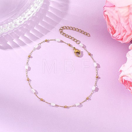 Handmade 304 Stainless Steel and ABS Plastic Pearl Oval Link Chain Anklets for Women AJEW-AN00822-1