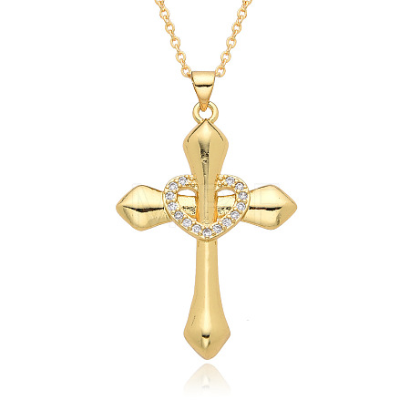 Brass Micro Pave Clear Cubic Zirconia Cross with Heart Pendant Necklaces FS-WG8523C-05-1
