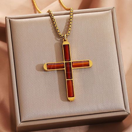 304 Stainless Steel with Natural Carnelian Religion Cross Pendant Necklaces FS-WG3F108-06-1