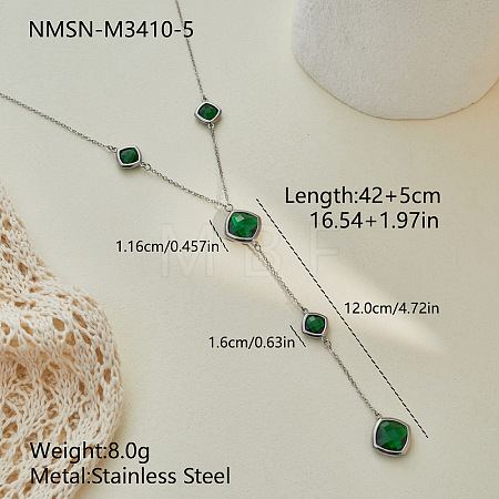 304 Stainless Steel Glass Rhombus Long Y Tassel Necklaces for Women WGE6B13-04-1