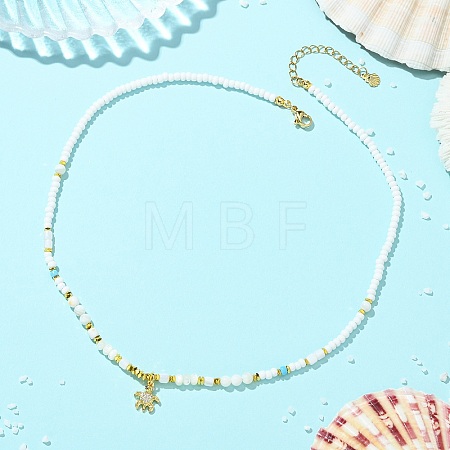 Ocean Brass Pave Clear Cubic Zirconia Sea Animals Pendant Natural Shell and Glass Seed Beaded Necklaces for Women NJEW-JN06345-02-1