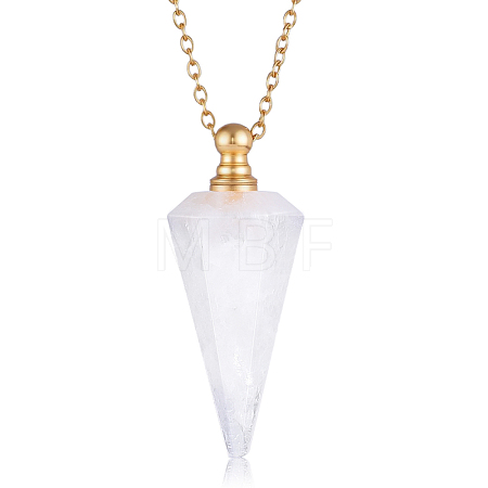 Natural Quartz Crystal Faceted Cone Pendant Perfume Bottle Necklaces with 304 Stainless Steel Cable Chain NJEW-WH0002-266F-1