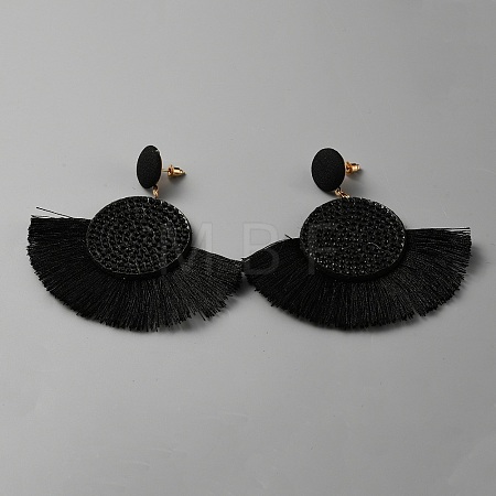 Cotton Fan Tassel Dangle Earrings with Rhinestone EJEW-WH0012-046-1