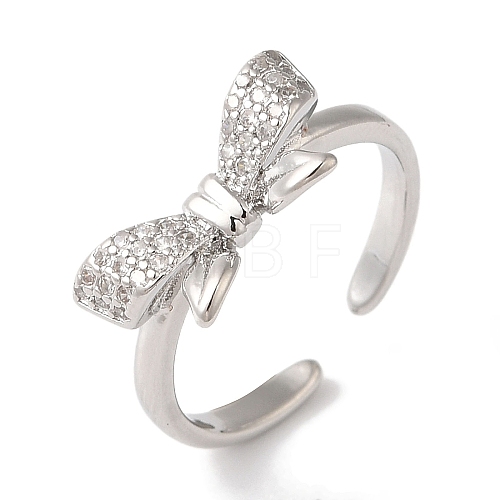 Bowknot Brass Micro Pave Clear Cubic Zirconia Open Cuff Rings for Women RJEW-C098-04P-1