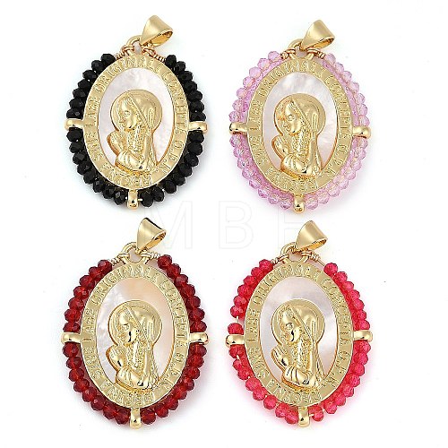 Rack Plating Brass Pave Shell Religion Virgin Mary Pendants KK-U032-01G-C-1