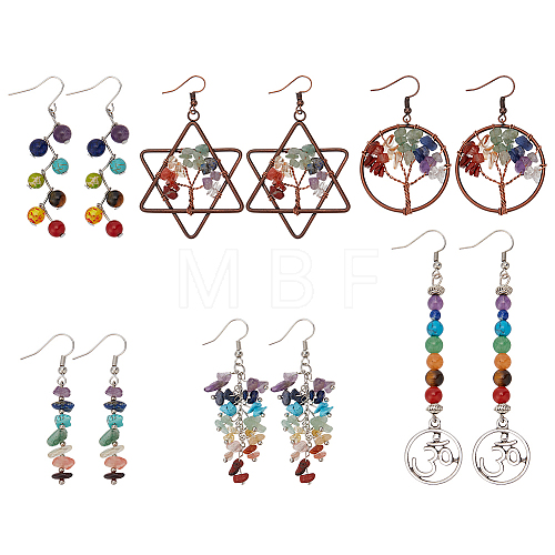 6 Pairs 6 Style Natural Mixed Gemstone Tree of Life Dangle Earrings EJEW-AN0003-18-1