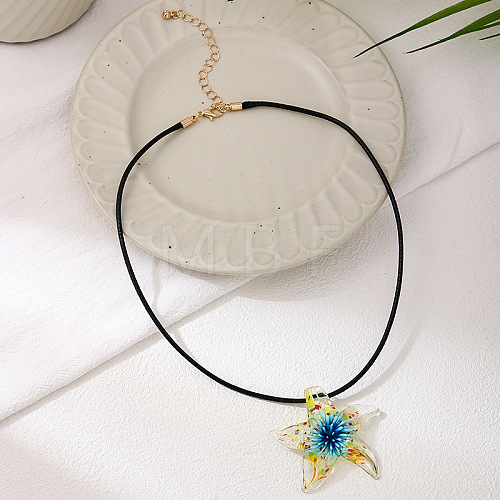 Summer Beach Starfish Transparent Glass Pendant Black Waxed Cord Necklaces for Women FS-WG29C72-01-1