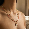 Red Glass Beaded Chain Double Layer Necklaces with Stainless Steel Religion Virgin Cross Pendant QR8888-1-3