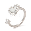 Cubic Zirconia Heart Open Cuff Ring with ABS Plastic Pearl Beaded RJEW-M148-05P-3
