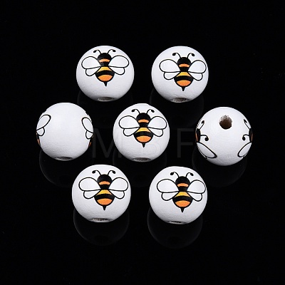 Bees Theme Printed Wooden Beads WOOD-D006-05-1