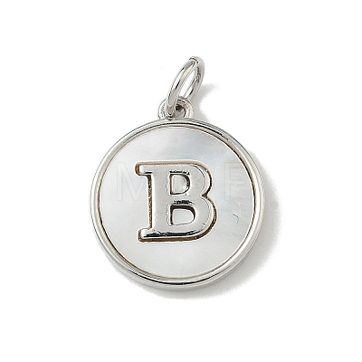 Brass Pave Natural Shell Flat Round with Letter Charms KK-Z115-13P-B-1