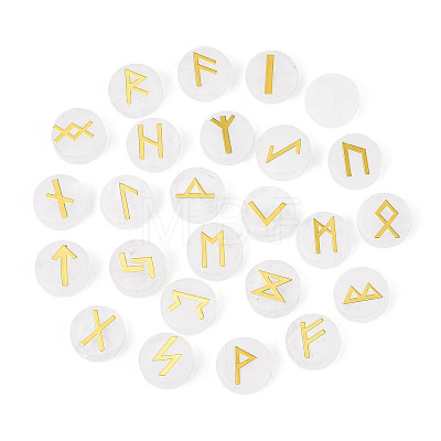 Brass Elder Futhark Alphabet Engraved Symbol Flat Round Natural Quartz Crystal Rune Stones G-I373-01B-1